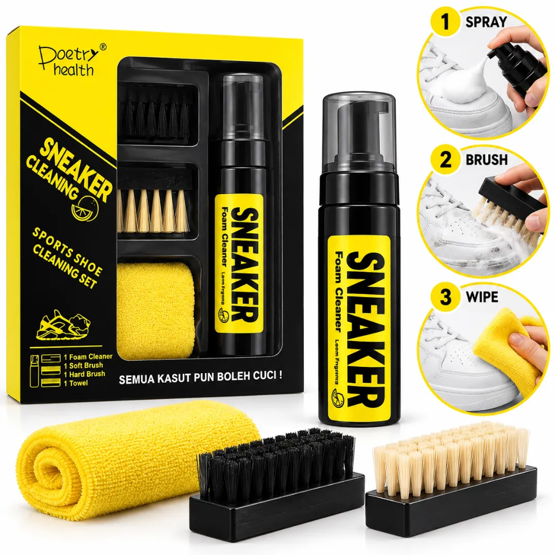 👟 Kit Nettoyage Sneakers 4 en 1 – Nettoyant Moussant, Brosses et Serviette pour des Chaussures Propres ! ✨